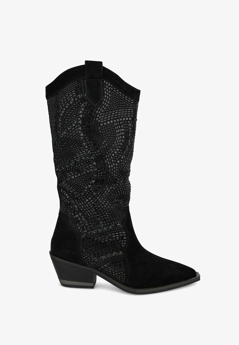 Black suede cowboy boots featuring intricate textured detailing and geometric patterns, with a pointed toe and slight heel.