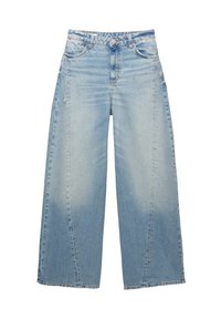 Jasnoniebieskie dżinsy szerokie z wysokim stanem, z zapięciem na guzik, szlufkami na pasek i delikatnymi przetarciami z przodu.