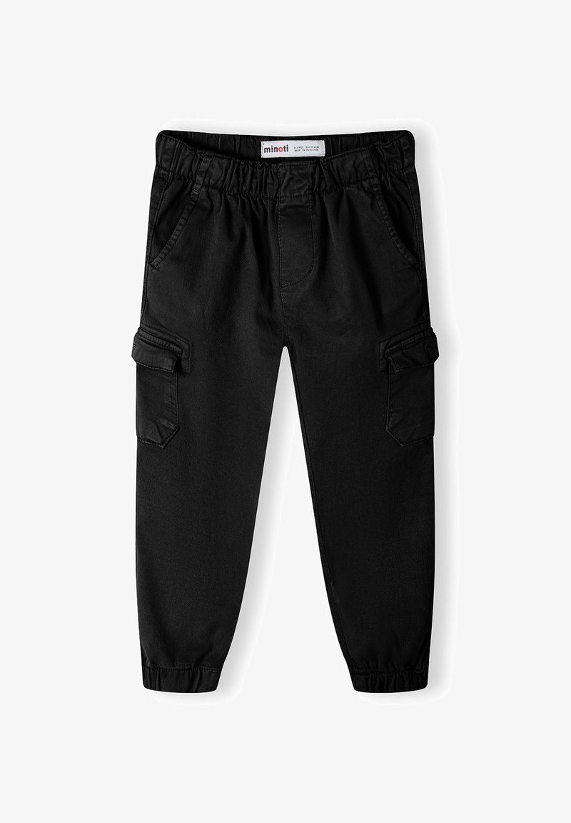 Čierne cargo nohavice s elastickým pásom, bočnými vreckami a manžetami na členkoch. Vyrobené z odolného materiálu, s jednoduchým dizajnom bez vzorov.
