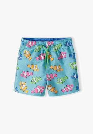 Shorts de înot din material bleu deschis, cu talie elastică și șnur verde, având modele colorate de pești în nuanțe de roz, portocaliu și verde.