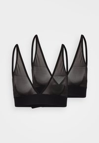 Black bralettes with a sheer, mesh design. They feature a V-neck shape, thin straps, and a wide elastic band at the bottom.