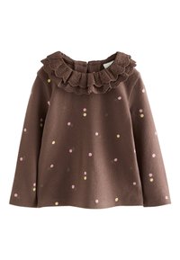 Ruskea pitkähihaiset paita röyhelökauluksella. Siin�ä on monivärisiä pilkkuja vaaleanpunaisena, keltaisena ja vihreänä. Pehmeä, teksturoitu kangas.