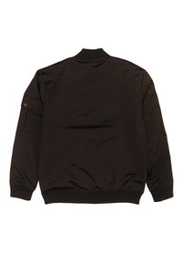 Schwarze Bomberjacke mit glatter, matter Oberfläche. Verfügt über gerippte Bündchen und Kragen sowie eine aufgesetzte Brusttasche auf dem linken Arm mit Knopfdetail.