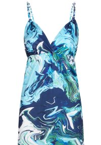 Mouwloze jurk met een diepe v-hals, blauw en groen abstract swirlpatroon, lichtgewicht stof en gevlochten banden.