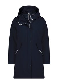 Navy waterproof coat with a hood, zip fastening, snap buttons, two side pockets, and reflective accents on sleeves. Features padded interior.