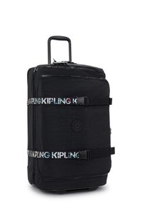 Zwarte stoffen koffer op wielen met uitschuifbare handgreep, twee kleurrijke "Kipling"-riemen en meerdere voorzakken met rits.