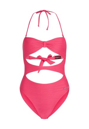 Maillot de bain une pièce découpé rose avec un tissu texturé. Présente un détail de nœud au centre et des bretelles à nouer. Inclut un logo près de la hanche.