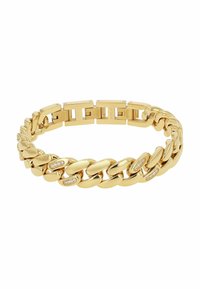 Pulsera de cadena en tono dorado con un cierre rectangular, algunos eslabones adornados con pequeños cristales transparentes incrustados, acabado brillante pulido.