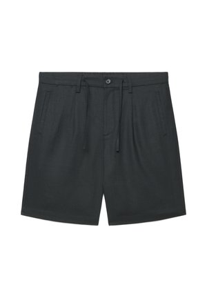 Shorts noirs cintrés avec bouton à l'avant, taille à cordon, passants pour ceinture et poches fendues sur les côtés, sur fond blanc.