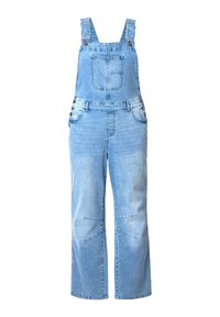 Jasnoniebieski denimowy kombinezon z regulowanymi ramiączkami na ramiona, przednią kieszenią na piersi, guzikami po bokach oraz szerokimi spodniami.