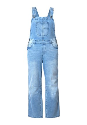 Light blue denim overalls with adjustable shoulder straps, front chest pocket, side buttons, and wide-leg pants.