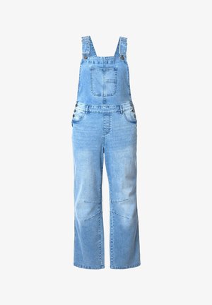 Light blue denim overalls with adjustable shoulder straps, front chest pocket, side buttons, and wide-leg pants.
