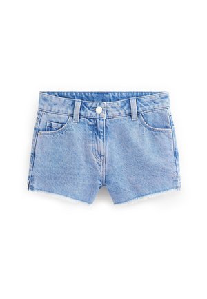 Lyseblå denimshorts med frynset kant, knap- og lynlåslukning foran, bæltestropper samt for- og møntlomme.