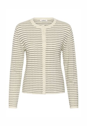 Cream knit cardigan with thin black horizontal stripes, round neckline, long sleeves, and front button closure.