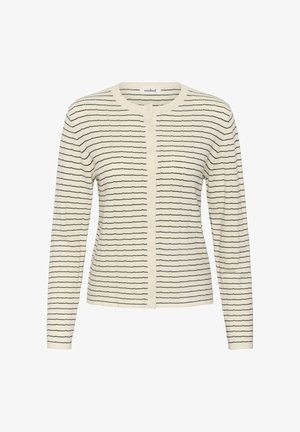 Kreemikas kootud kardigan õhukeste mustade horisontaalsete triipudega, ümmarguse kaelusega, pikkade varrukatega ja esikinnisega nööpidega.