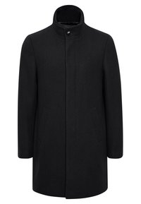 Mustaharju villakangas takki korkealla kauluksella, edessä nappikiristys ja sivutaskut. Sileä pinta ja suora siluetti.