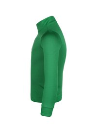 Camicia verde a maniche lunghe con collo alto. Realizzata in tessuto liscio ed elastico. Forma aderente con polsini a coste e design semplice.