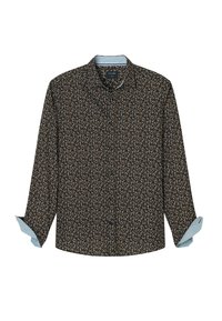 Hemd mit Knopfleiste in Dunkelbraun mit floralem Muster in Blau und Orange. Es hat einen hellblauen Kragen und Manschetten, lange Ärmel mit hochgerollten Manschetten.