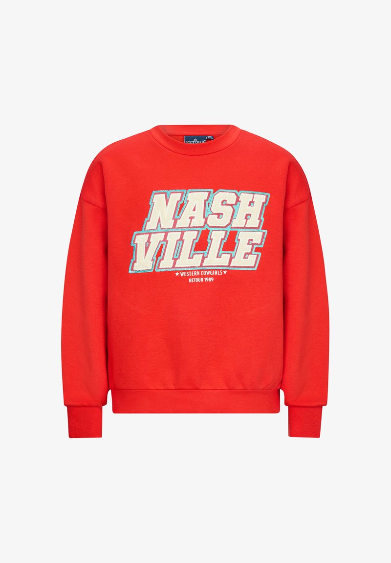 Felpa rossa con colletto tondo e maniche lunghe, caratterizzata dal testo "NASHVILLE" in grandi lettere bianche e un testo più piccolo sottostante.