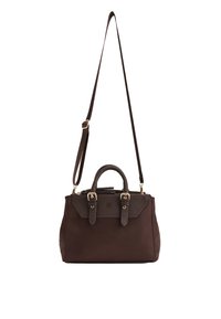 Hnědá syntetická kabelka s pevnou konstrukcí, dvojitými horními uchy, nastavitelným dlouhým popruhem a zlatými kovovými doplňky.