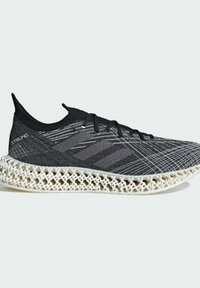 Black athletic shoe with a textured knit upper and white 3D-printed sole, featuring black laces and a sleek, aerodynamic design.