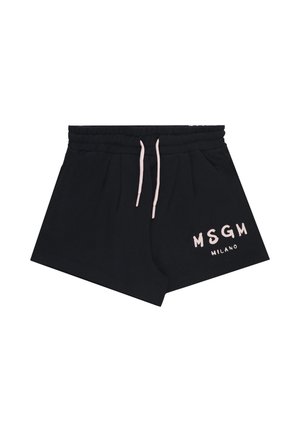 Pantaloncini neri con vita elastica, coulisse rosa e logo "MSGM Milano" sulla gamba anteriore destra.