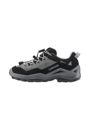 Schwarzer und grauer niedriger Wanderschuh mit Schnellschnürverschluss, Gore-Tex-Label und robuster Sohle, für den Outdoor-Einsatz konzipiert.