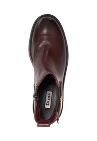 Burgundy leather ankle boot with a smooth finish, rounded toe, side zip, and contrasting black stitching. Label inside reads "Dune London."