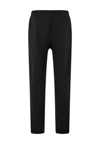 Schwarze Jogginghose mit elastischem Bund, schmaler Passform und einer einzigen Gesäßtasche. Glatte Stofftextur, minimalistisches Design.