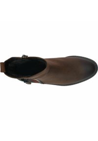 Hnědá kožená kotníčková bota s hladkým povrchem, postranním zipem a elegantním designem. Obsahuje strukturovanou podešev a poutko na zadní straně.