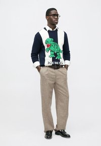 Μπλε σκούρο και λευκό πλεκτό πουλόβερ με σχέδιο πράσινου δεινόσαυρου. Καφέ παντελόνι με υφή και μαύρα παπούτσια. Λευκό πουκάμισο με γιακά από κάτω.