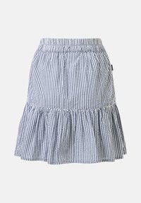 Jupe rayée verticale bleu et blanc avec une taille élastique et un ourlet à volants froncés.