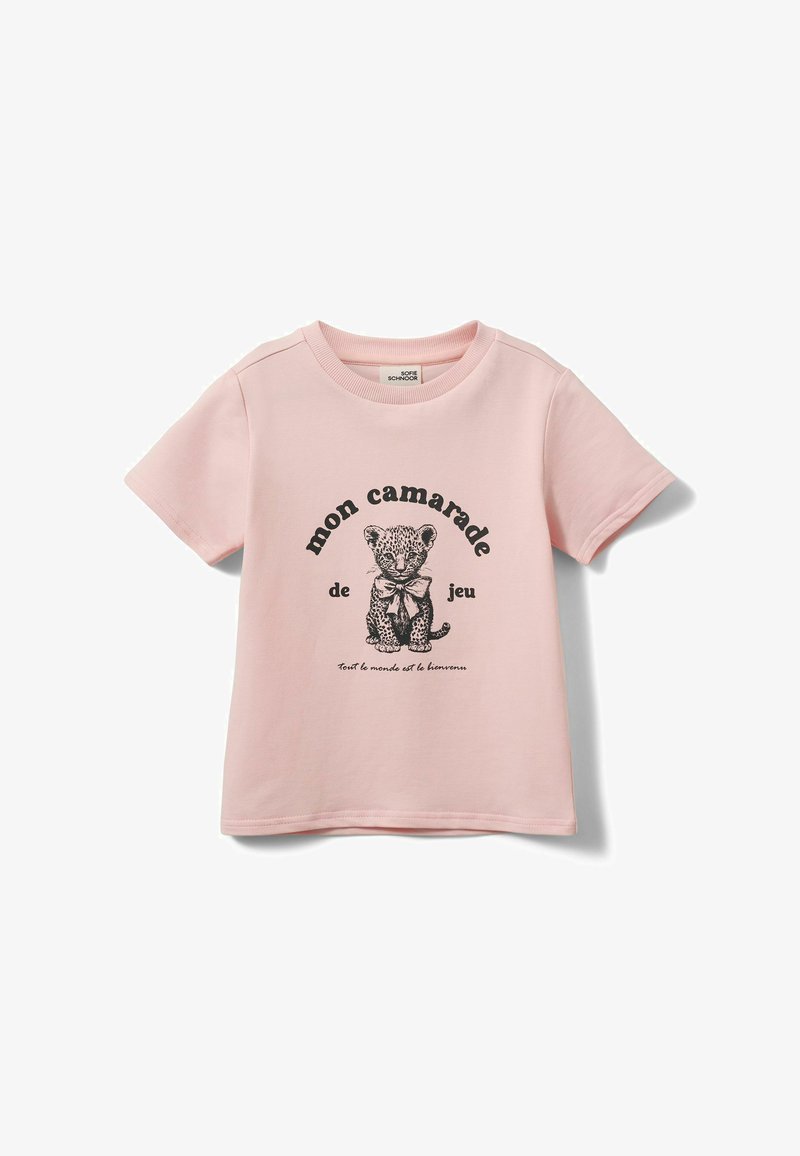 Rosa bomulds t-shirt med korte ærmer, med en sort grafik af en leopard iført butterfly og legende tekst nedenunder.