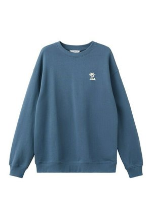 Blue crewneck sweatshirt with long sleeves and small white palm tree and wave graphic on the left chest.