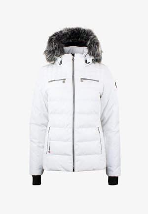 Doudoune blanche avec capuche en fourrure synthétique, poches zippées et design matelassé. Présente des manches noires et une fermeture éclair avant visible.