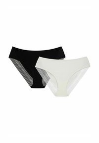 Czarny i biały komplet bielizny z koronkowymi wykończeniami po bokach, miękką tkaniną i średnim stanem z gładkim paskiem w talii.