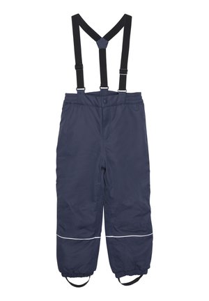 Marineblå vanntette bukser med elastisk midjebånd, justerbare svarte seler, elastiske ankelmansjetter og reflekterende hvit trim.