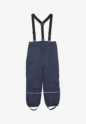 Navyblaue wasserdichte Hose mit elastischem Taillenbund, verstellbaren schwarzen Hosenträgern, elastischen Knöchelabschlüssen und reflektierendem weißen Saum.