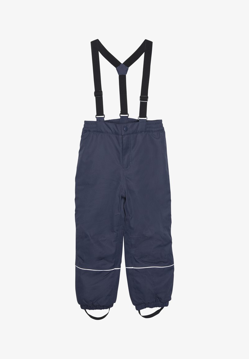 Marineblå vanntette bukser med elastisk midjebånd, justerbare svarte seler, elastiske ankelmansjetter og reflekterende hvit trim.