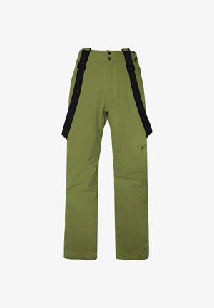 Gröna vattentäta byxor med svarta justerbara hängslen, med en slät textur och raka ben. Logotyp på underbenet.