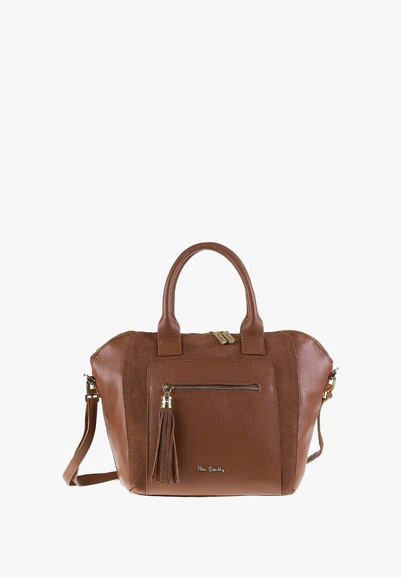 Borsa a mano in pelle e camoscio marrone con doppio manico, tasca frontale con zip e nappina, e tracolla removibile.