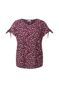 Blouse bordeaux à manches courtes avec un motif de feuilles, présentant des détails à nouer sur les manches et un décolleté en V. Tissu léger avec une texture lisse.
