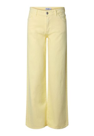 Pantaloni largi cu talie înaltă în galben pal, cu nasturi în față și buzunare, realizați dintr-un material moale de bumbac.