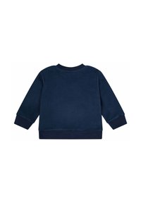 Marineblaue, weiche Sweatshirt mit Rundhalsausschnitt, langen Ärmeln und gerippten Bündchen. Der Stoff hat eine glatte Textur und minimalen Nähdetails.