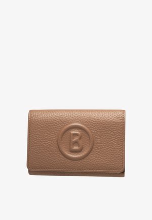 Brown leather wallet with textured surface, featuring a circular embossed logo on the front and a simple folding design. Compact size.