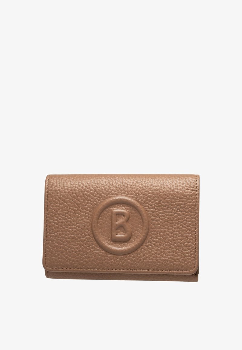 Portefeuille en cuir marron avec une surface texturée, présentant un logo en relief circulaire sur le devant et un design de pliage simple. Taille compacte.