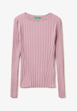 Sweter z długim rękawem, dzianinowy, prążkowany w kolorze przydymionego różu, z okrągłym dekoltem i dopasowaną sylwetką.
