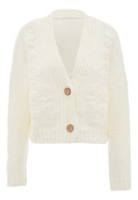 Cardigan bianco lavorato a maglia con scollo a V, realizzato in filato spesso. Caratterizzato da un motivo floreale e due bottoni in legno nella parte anteriore. Lunghezza corta.