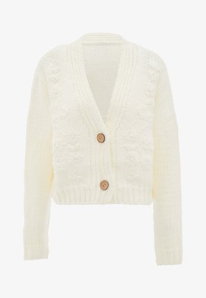 Cárdigan de punto blanco con escote en V, fabricado con hilo grueso. Presenta un estampado floral y dos botones de madera en el frente. Longitud corta.