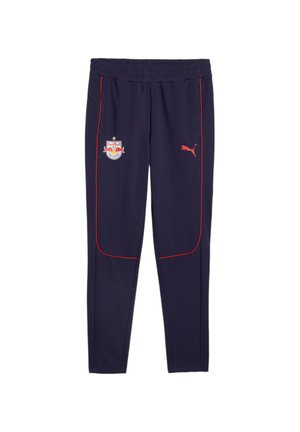 Marineblaue Sporthosen mit roten Akzenten, elastischem Bund, seitlichen Taschen und auf der Vorderseite bedruckten Logos von Red Bull und Puma.